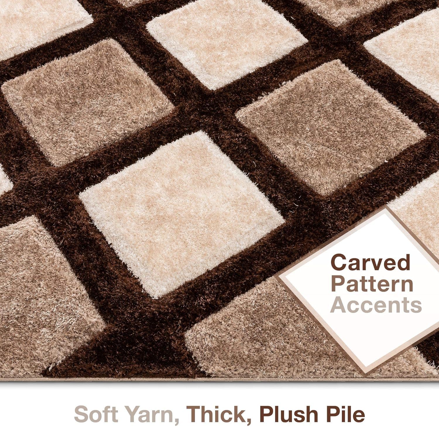 Brown with Ivory 3D Rhombus Cut Collection Classical Look Shaggy Carpet - FYROSTIC CARPET