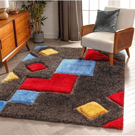 Gray with Red Multi 3D Cut Collection Classical Look Shaggy Carpet - FYROSTIC CARPET
