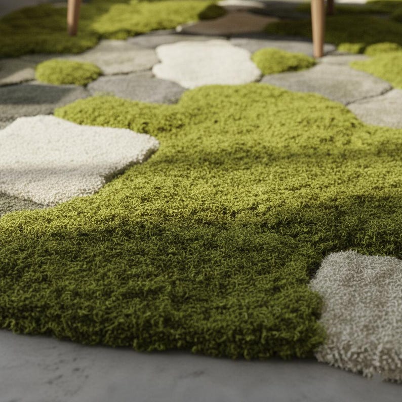 Hand-Tufted Moss Rug, Sculpted Organic Stone Path Luxury Wool Carpet