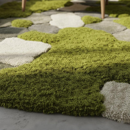 Hand-Tufted Moss Rug, Sculpted Organic Stone Path Luxury Wool Carpet
