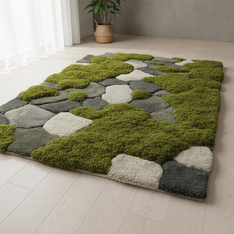 Hand-Tufted Moss Rug, Sculpted Organic Stone Path Luxury Wool Carpet