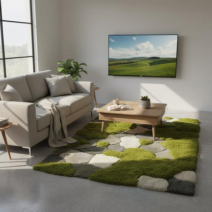 Hand-Tufted Moss Rug, Sculpted Organic Stone Path Luxury Wool Carpet