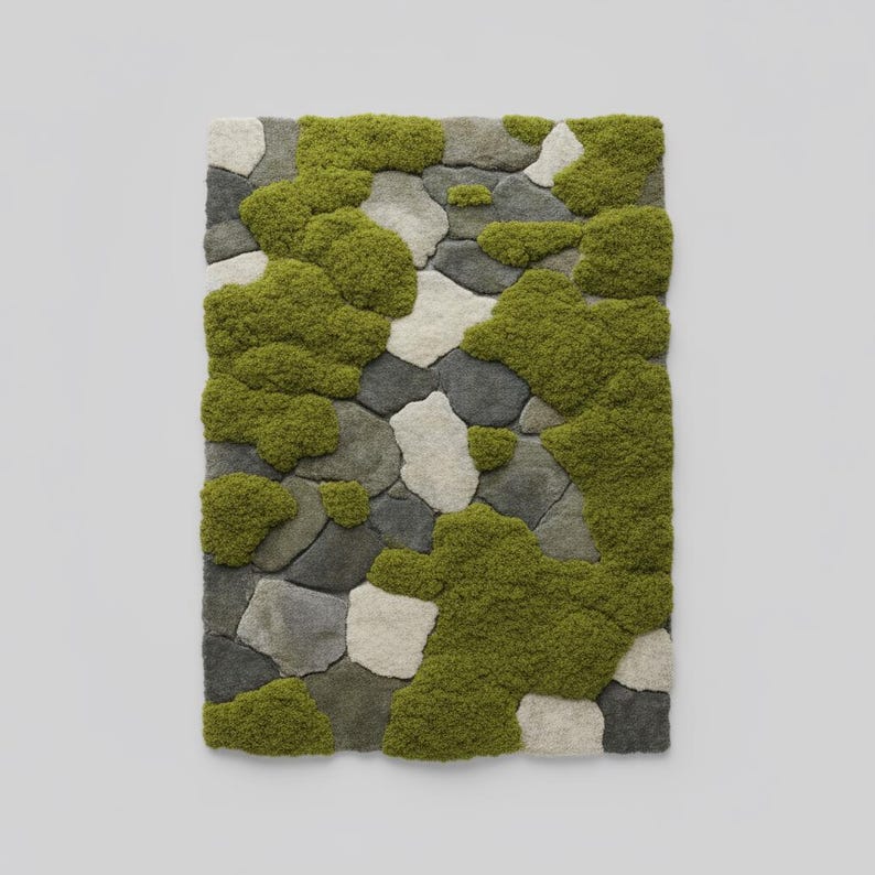 Hand-Tufted Moss Rug, Sculpted Organic Stone Path Luxury Wool Carpet