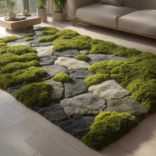 Hand-Tufted Moss Rug, Sculpted Organic Stone Path Luxury Wool Carpet