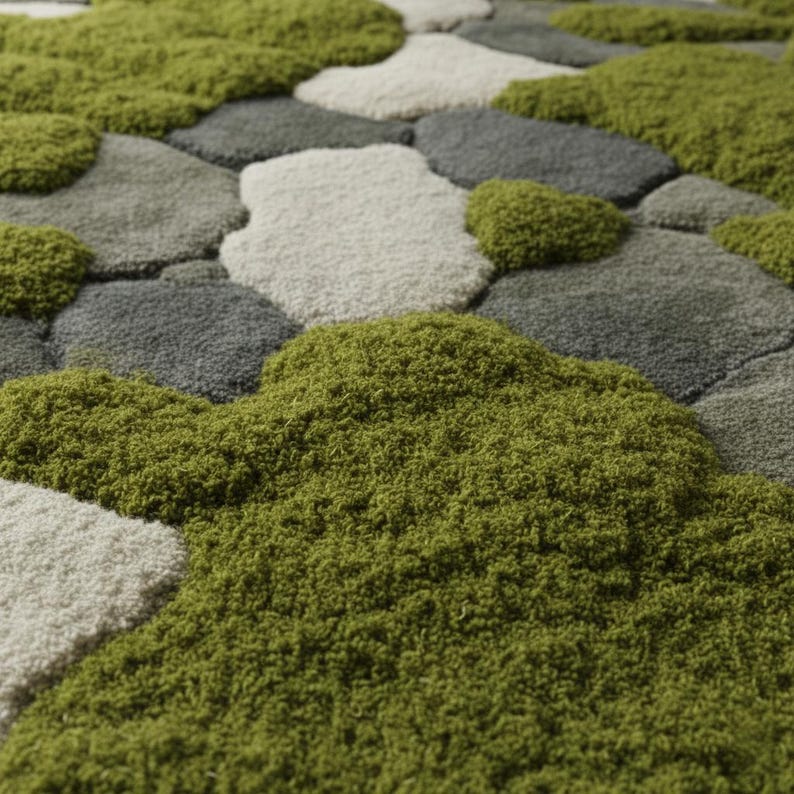 Hand-Tufted Moss Rug, Sculpted Organic Stone Path Luxury Wool Carpet