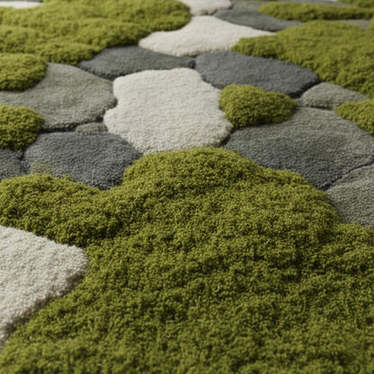 Hand-Tufted Moss Rug, Sculpted Organic Stone Path Luxury Wool Carpet