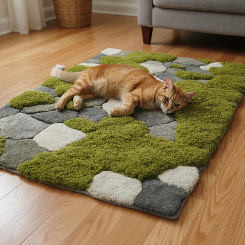 Hand-Tufted Moss Rug, Sculpted Organic Stone Path Luxury Wool Carpet