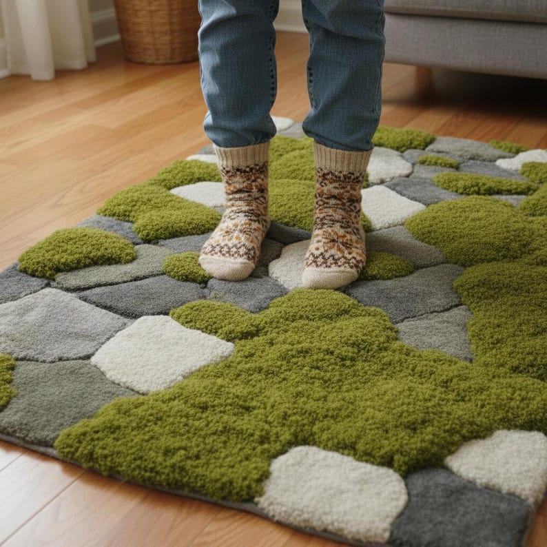 Hand-Tufted Moss Rug, Sculpted Organic Stone Path Luxury Wool Carpet