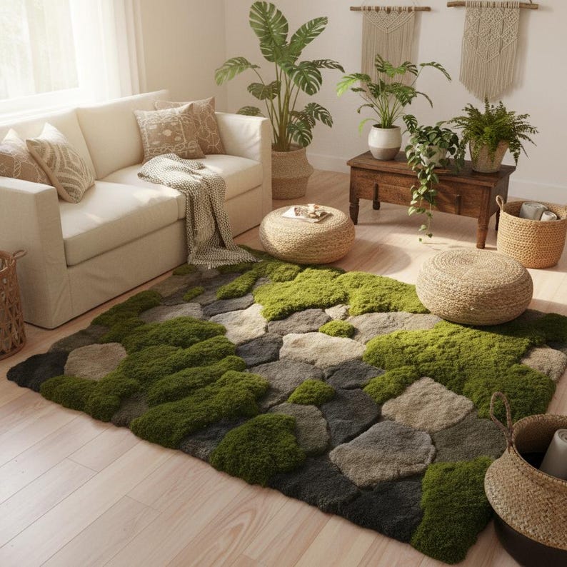 Hand-Tufted Moss Rug, Sculpted Organic Stone Path Luxury Wool Carpet