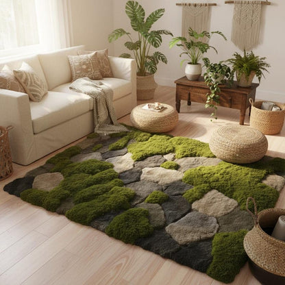 Hand-Tufted Moss Rug, Sculpted Organic Stone Path Luxury Wool Carpet