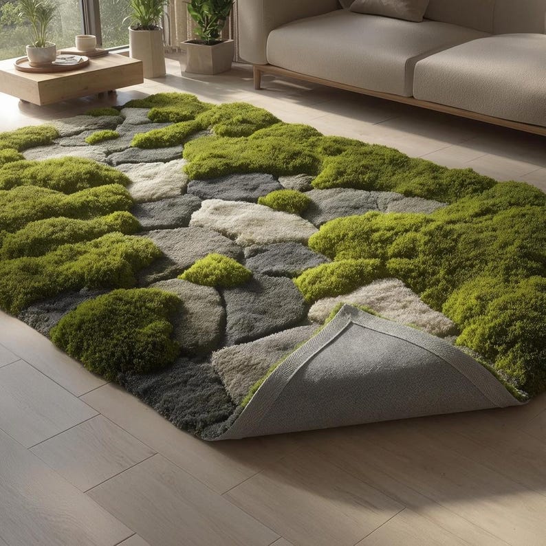 Hand-Tufted Moss Rug, Sculpted Organic Stone Path Luxury Wool Carpet