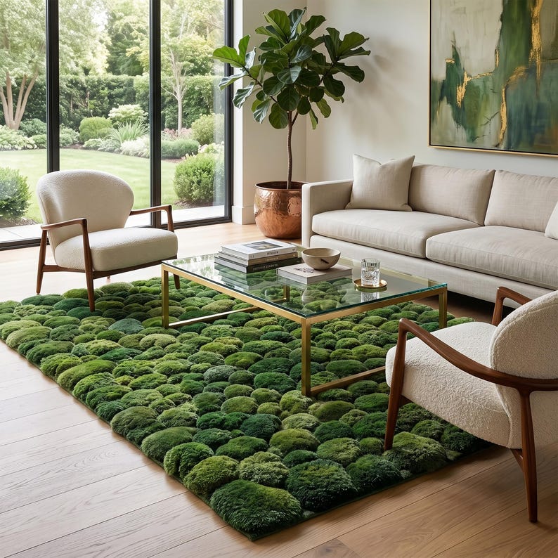 Hand Tufted Moss Ball Rug, Green Abstract Forest Floor Area Rugs