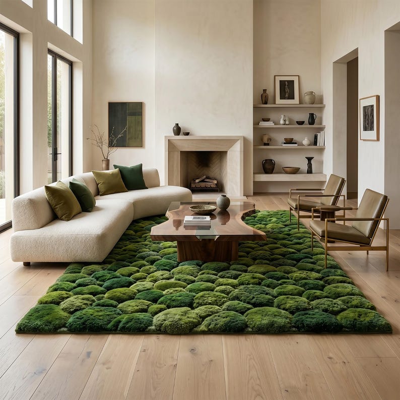 Hand Tufted Moss Ball Rug, Green Abstract Forest Floor Area Rugs