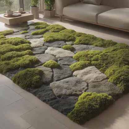 Hand-Tufted Moss Rug, Sculpted Organic Stone Path Luxury Wool Carpet