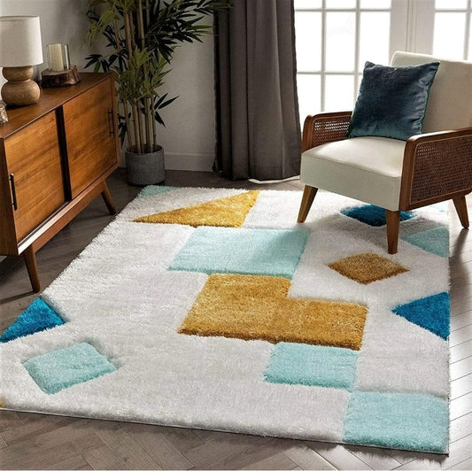 White with Yellow Multi 3D Cut Collection Classical Look Shaggy Carpet - FYROSTIC CARPET