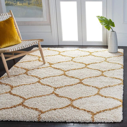 Yellow with Ivory Premium Morrocon Design Soft Shaggy Microfiber Rug/Floor - Mat/Carpet - FYROSTIC CARPET